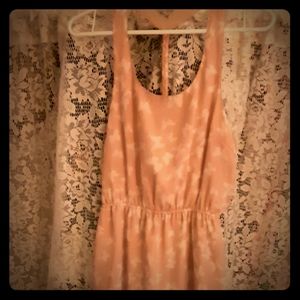 Tan color dress with butterflies.  Long dress.